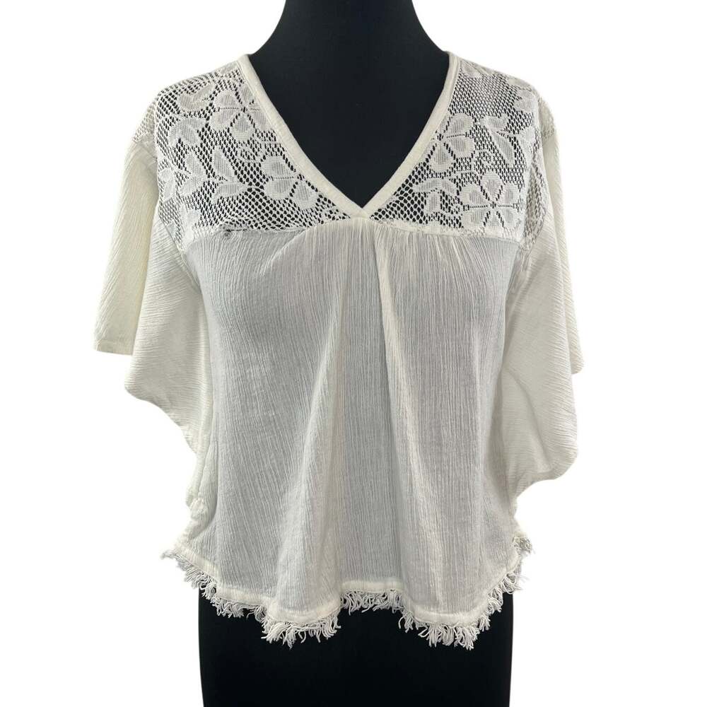 Y2K Vintage BHAG'S Boho Off White Crochet Short Sleeve Top Blouse Size M/L